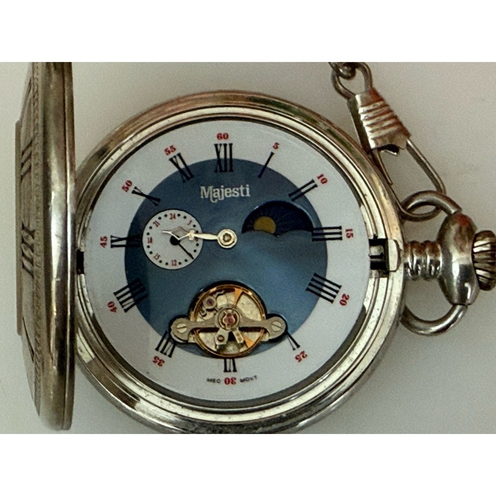 2002 Majesti Pocket‎ Watch with Inscription In Back As is Chain Silver Tone Blue